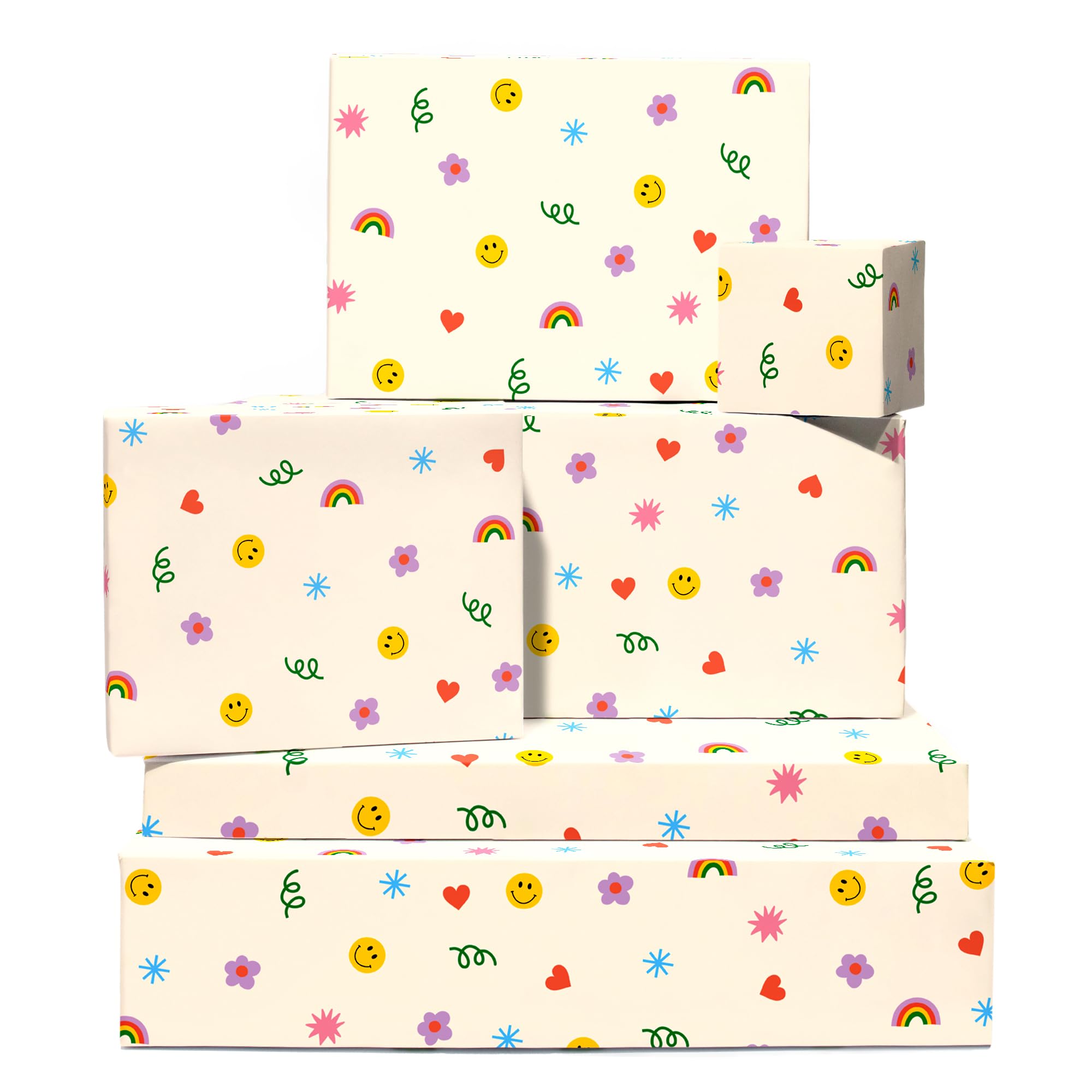 Central 23 - Cute Wrapping Paper - 6 Sheets of Birthday Gift Wrap - Rainbows Smileys Hearts - For Children - Girls Boys - Recyclable