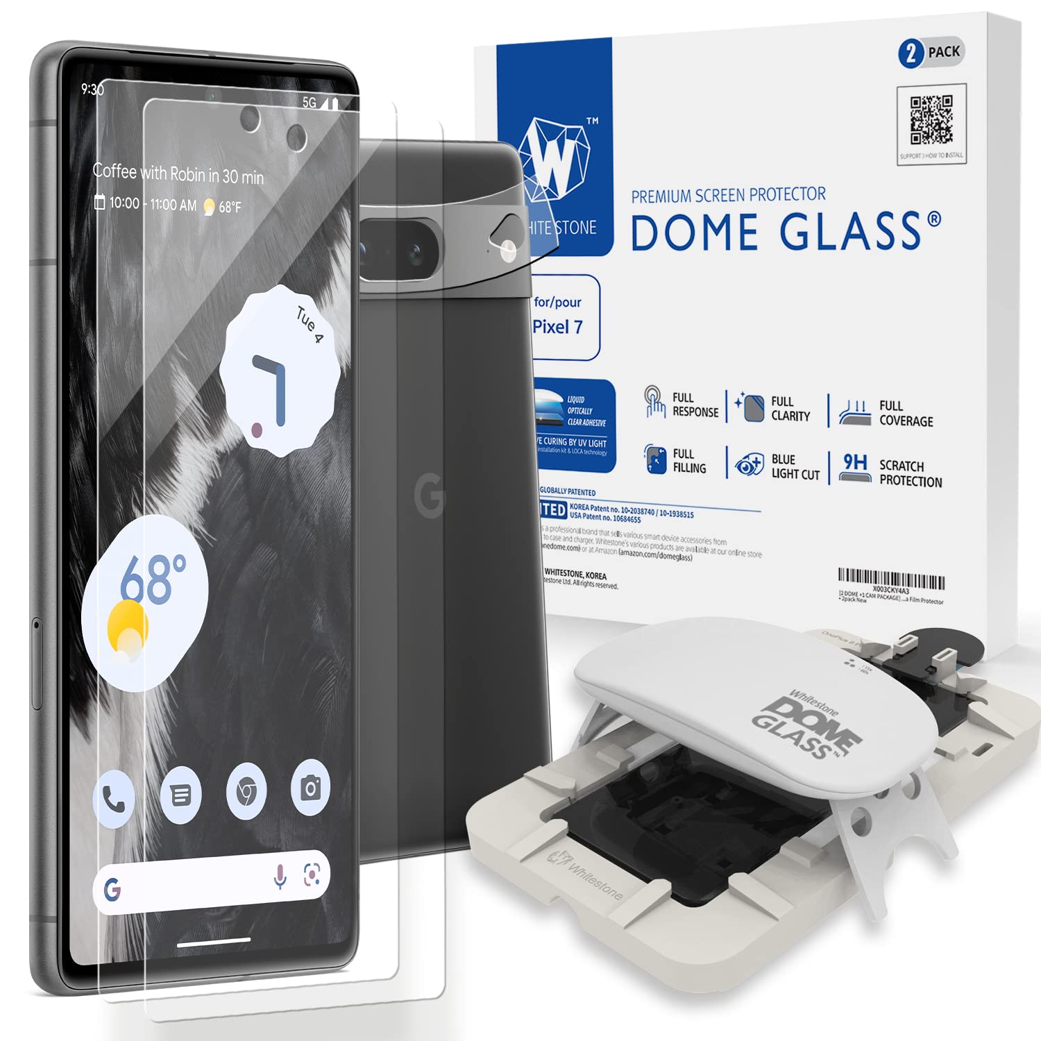 DOME GLASS [2 DOME +1 CAM PACKAGE] Whitestone Screen Protector for Google Pixel 7(2022), Full Tempered Glass Shield with Liquid Dispersion Tech [Easy to Install Kit] - 2pack