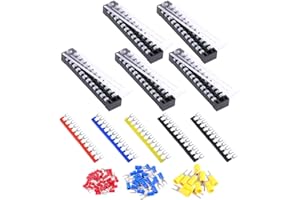 Glarks 70Pcs(5Sets) Terminal Block Set, 5Pcs 12 Positions 600V 15A Dual Row Screw Terminals Strip + 5Pcs Pre-Insulated Barrie