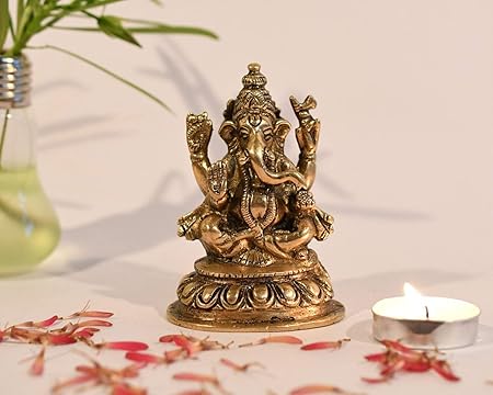 Collectible India Lord Ganesha Brass Statue Hindu God Ganesh Ganpati Sitting Idol Sculpture Good Luck & Success(Size: 4 Inches)