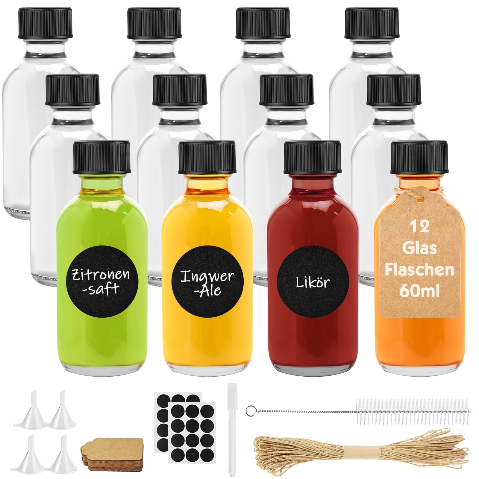 Furuising 12 Pack 2oz Glass Shot Bottles with Lids, 60ml Ginger Shot Bottles, Small Glass Bottle with 12 Hang Tag, 1 Pen, 4 Funnel, 1 Brush and Stickers for Ginger ale, Alcohol, Juice