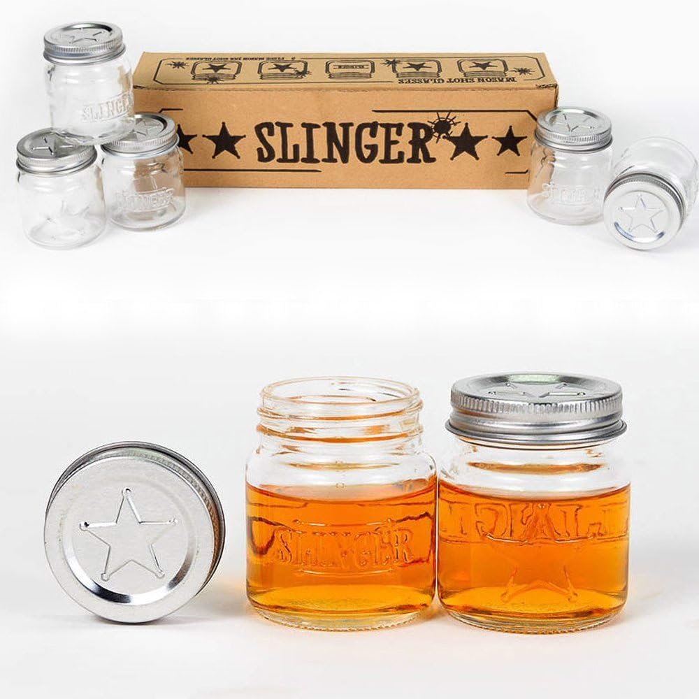 THE SLINGER - 5 Mason Jar Shot Glasses with Lids -Bar & Cocktail Tools, Wine Glasses Short