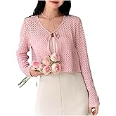 OYOANGLE Women's Crochet Knit Tie Front Cardigan Hollow Out V Neck Long Sleeve Shrug Crop Sweater Cover Ups