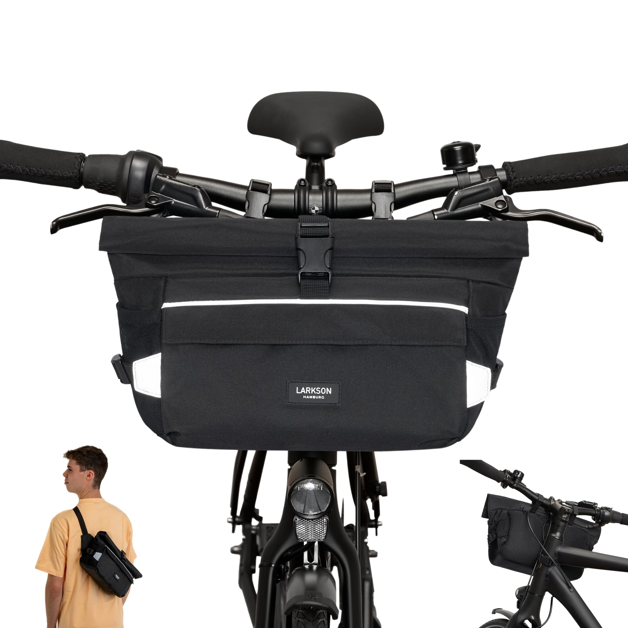 LARKSON Handlebar Bag Black - Lasse - 2 in 1 Bike Bag & Shoulder Bag - Bikepacking Bags for Handlebars Front with Reflection - Water Repellent