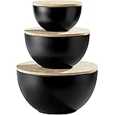 JOYMAY Salad Bowls, Mixing Bowl Salad Bowl Set, Natural Bamboo Fiber Serving Bowl Set of 3 with Bamboo Wood Lid, Nesting Bowls for Salads,Pastas(Black,10",8",6")