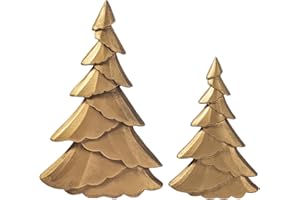 RM ROOMERS Christmas Tree Figurines Wooden, Set of 2 Gold Christmas Tree Vintage Tabletop Xmas Statues, Antique Decorative Xmas Trees for Desk, Mantel, Entryway, Rustic Holiday Centerpieces