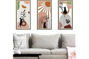 3 Piece Boho Black Cat Wall Decor, Abstract Boho Black Cat Wall Art Mid Century Modern, Layered Moon Sun Leaves, Framed Boho 