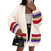 BB&KK Womens Long Cardigan Sweaters Oversized Striped Color Block 2025 Fall Long Lantern Sleeve Knit Open Front Sweater