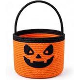 Halloween Pumpkin Basket, Large  Trick-or-Treat Candy Bucket Embroidered | Roomy 2.3 Gal Capacity, Detailed Jack-O'-Lantern Face, Neat Stitching and Soft Woven Rope with an Easy-Carry Handle