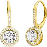 Devin Rose Cubic Zirconia Halo Lever Back Drop Earrings for Women 925 Sterling Silver