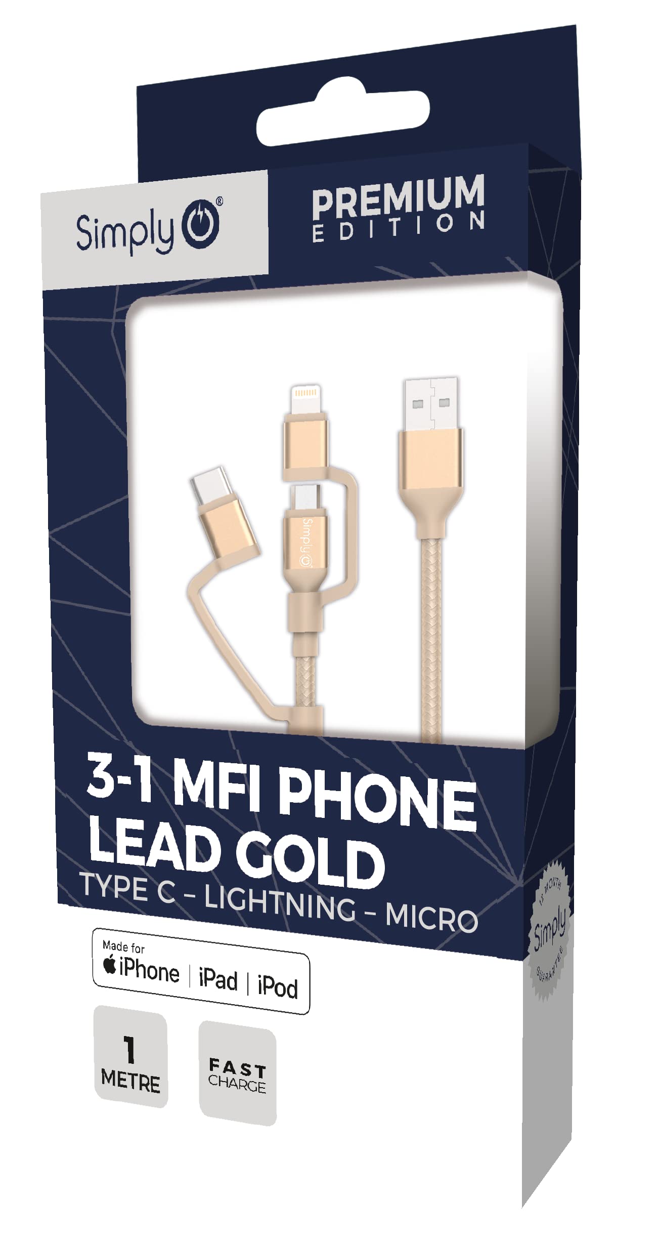 Simply APL07 3 in 1 MFI Phone Lead, Type C – Lightning – Micro USB 1 m Fast Charging Cable for Apple Android and OtherDevices, Gold
