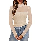 Zanvylia Women Sexy Mock Turtle Neck Long Sleeve Tops Lace Sheer See Through Shirt Mesh Ruched Going Out Blouse
