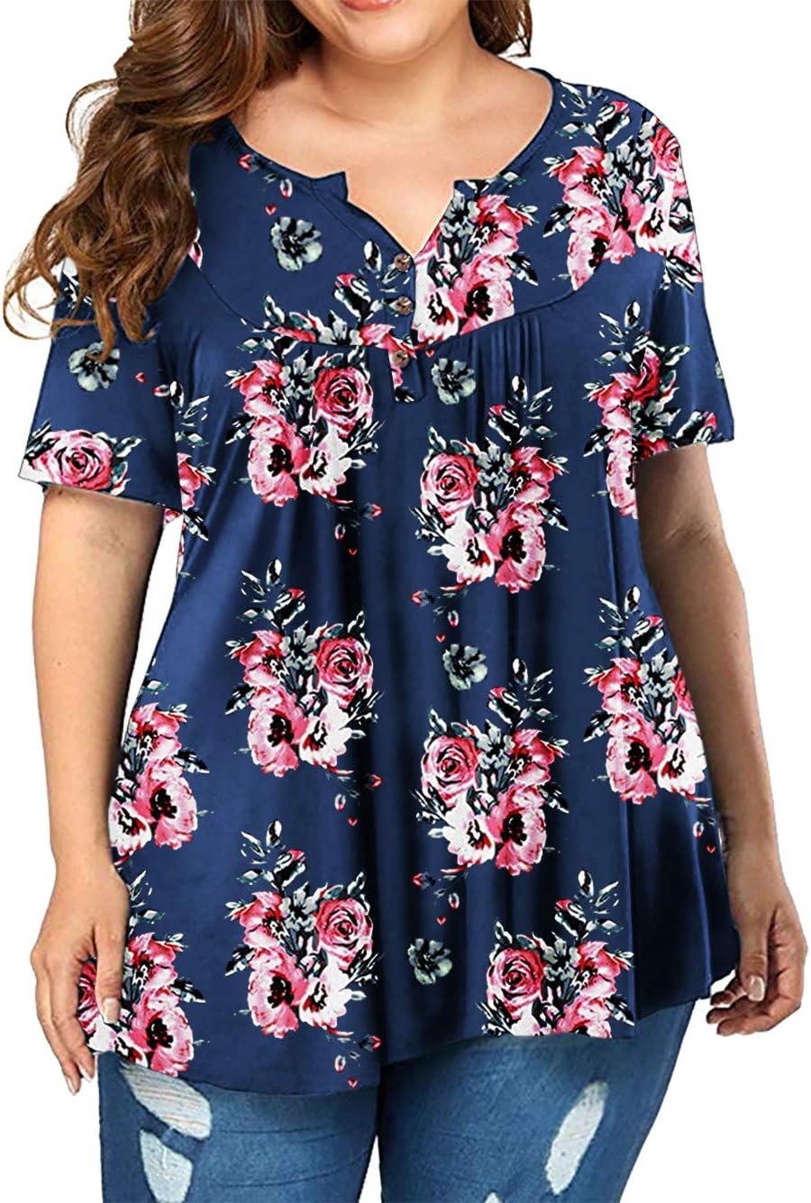 Women's Plus Size Henley Shirt Short Sleeve Buttons Up Pleated Tunic Tops