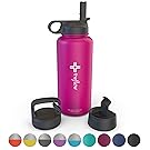 the flow Stainless Steel Water Bottle Double Walled/Vacuum Insulated - BPA/Toxin Free – Wide Mouth with Straw Lid, Carabiner Lid and Flip Lid, 32 oz.(1 Liter) (Pink, 32oz)