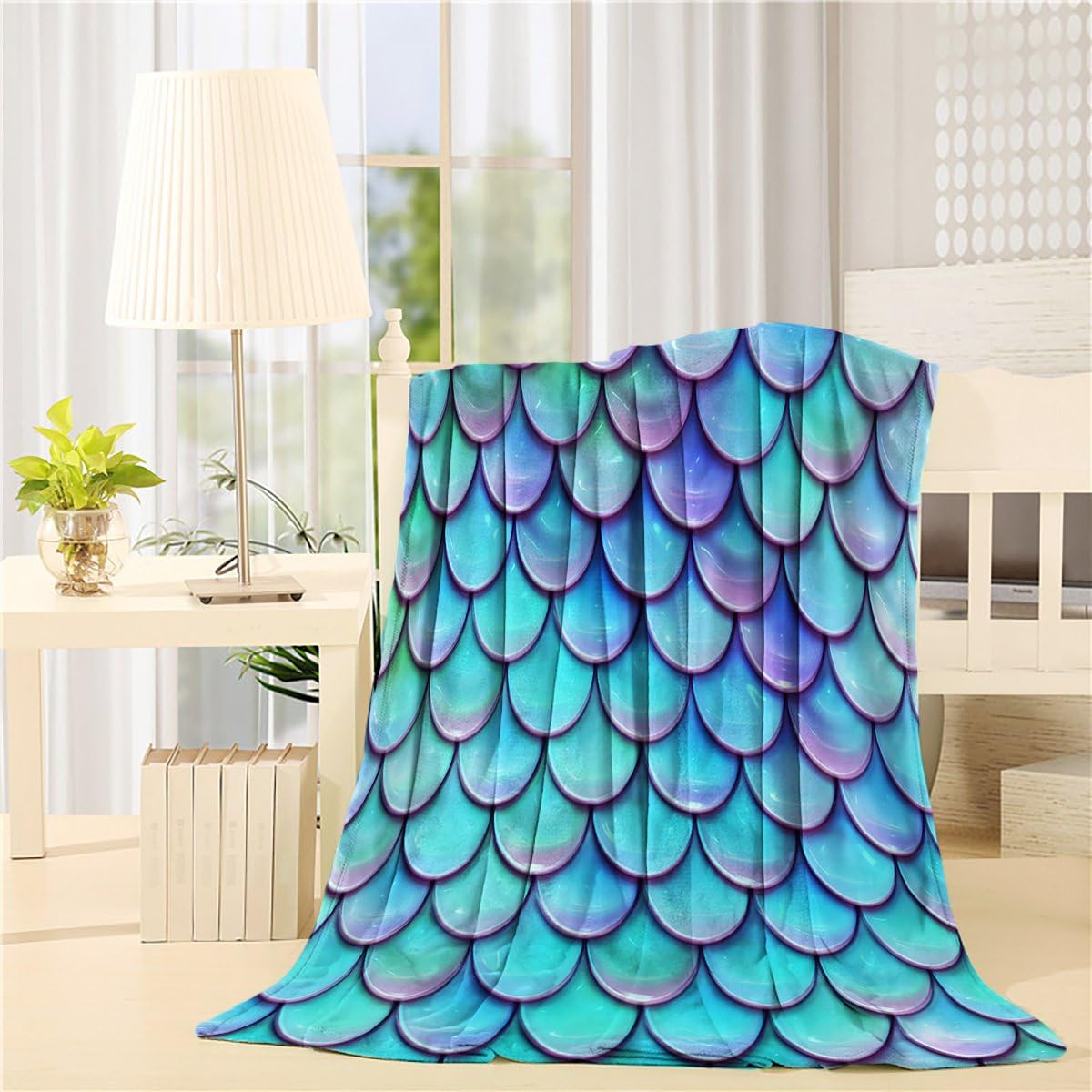 Flannel Fleece Bed Blanket 50 x 80 inch Geometric Throw Blanket Lightweight Cozy Plush Blanket for Bedroom Living Rooms Sofa Couch - Fish Scale Mermaid