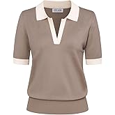 Kate Kasin Women Short Sleeve Polo Sweater V Neck Knitted Tops Casual Ribbed Shirt Loose Pullover Sweater