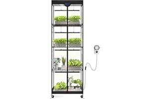 Barrina LP600 Mini Greenhouse with Grow Lights, 5-Tier Plant Stand with 100W TX-S25 1.6FT 5000K Full Spectrum Plant Shelf with Tent, Timer & Thermometer for for Seed Trays Growth, 23.6 x 13.8 x 70.9IN