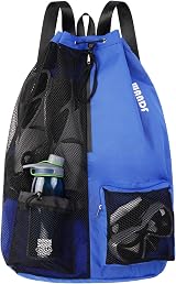 WANDF Swim Bag Mesh Drawstring Backpack Wet Pocket XL Navy Blue