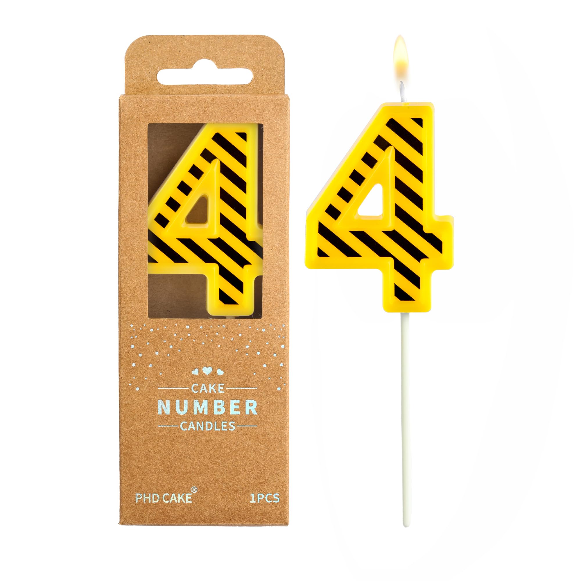 PHD CAKE 2.76 Inch Number 4 Construction Birthday Candles, Yellow and White Stripes Number Candles, Cake Number Candles, Party Celebration, Style Candle