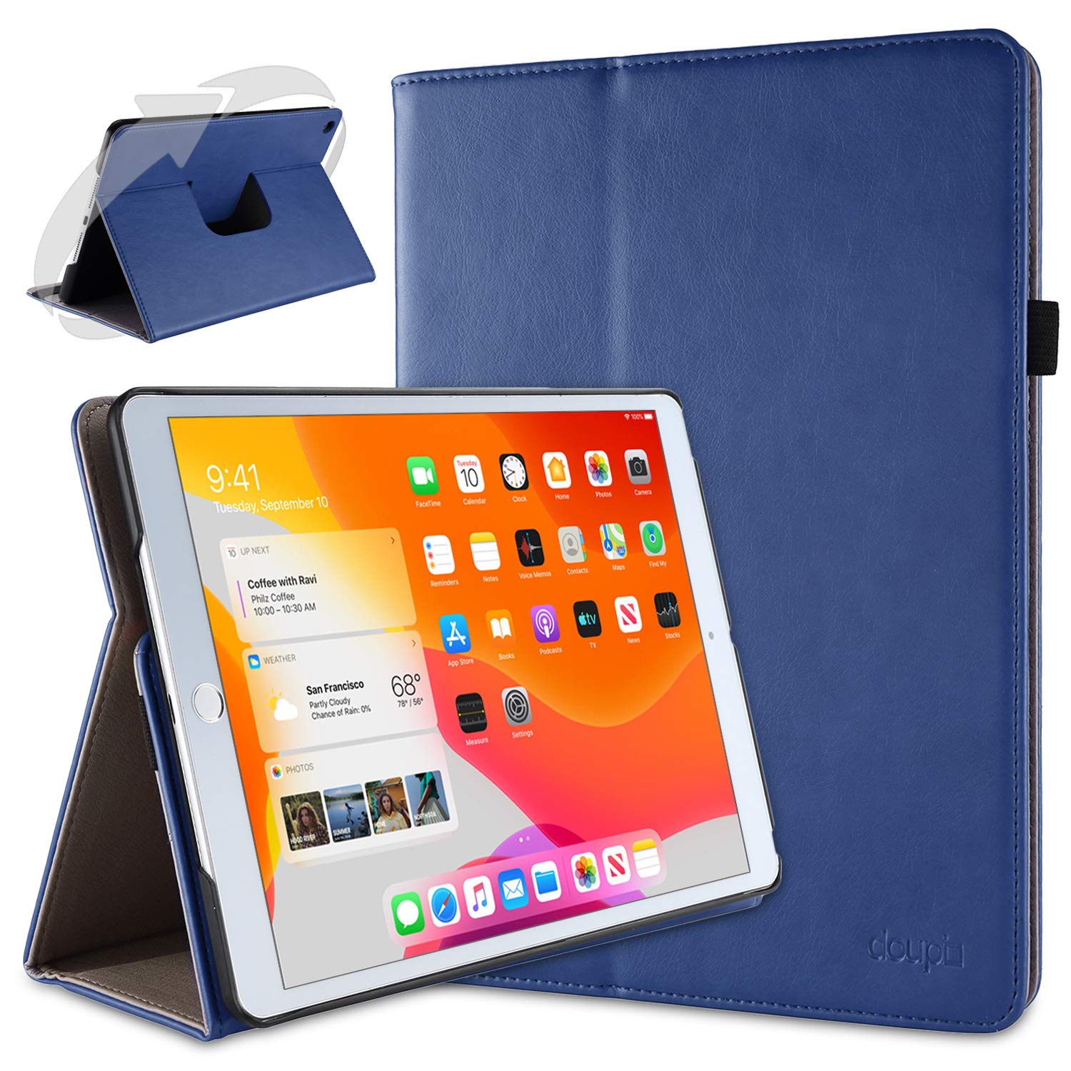 doupi Smart Flip Cover for iPad 2020 (8. Gen.), iPad 2019 (7. Gen.) 10.2 inch, Deluxe Protective Case with Sleep/Wake Function 360 Degree Rotatable Stand Screen Protector, Blue