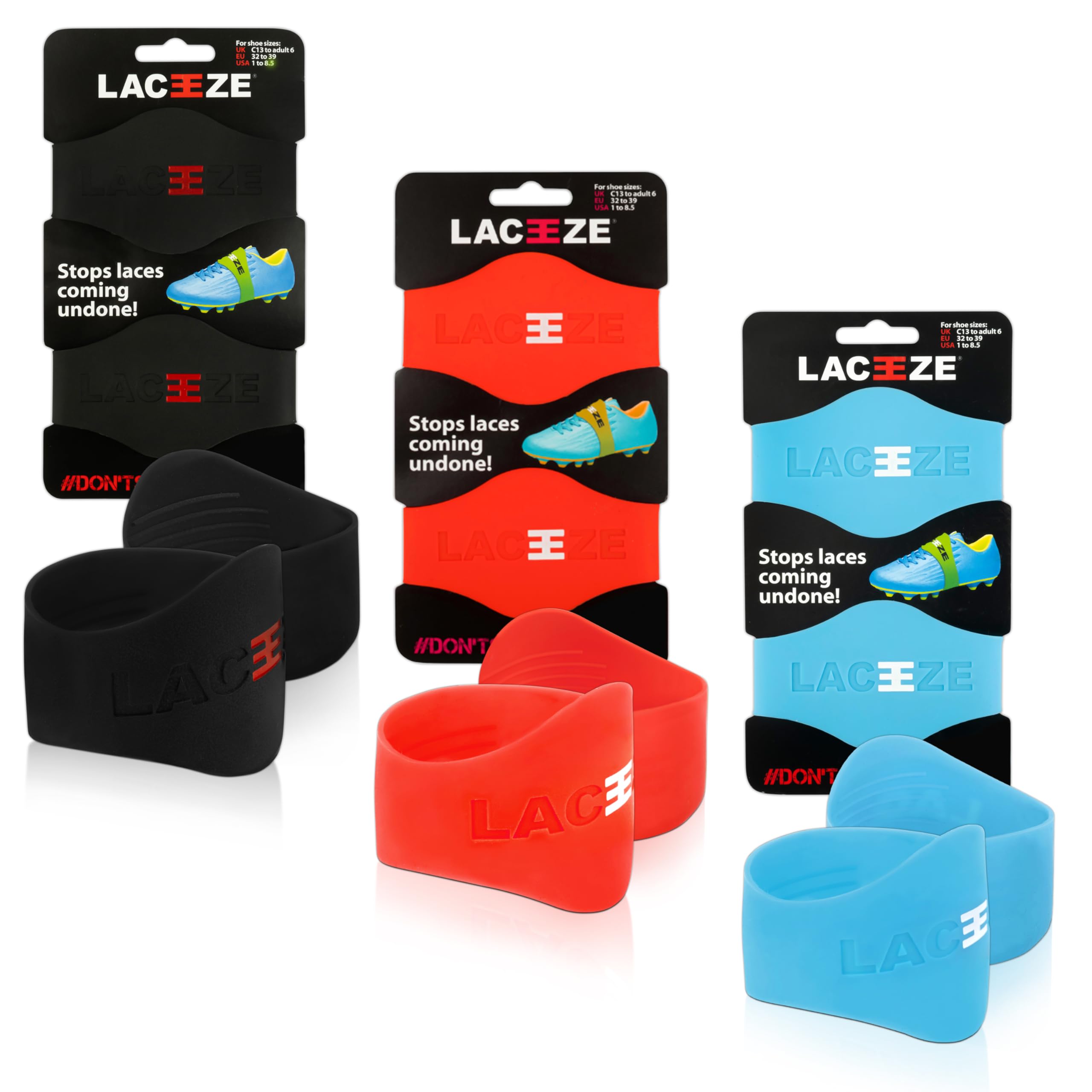 LACEEZE Original Bands – As Seen on Dragons' Den – Ribbed Technology – Secure Laces, Prevents Unraveling, Fits Shoe Size C13 – UK 6.5, Red & Blue, 3 Pack,Ideal for Sports Shoes,Football,Rugby,Hockey