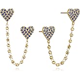 FETTERO Gold Chain Earrings for Women Double Piercing Earrings 14K Gold Plated Trendy Dainty Hypoallergenic Studs CZ Heart Earrings for Sensitive Ears Drop Dangle Earrings for Women Jewelry