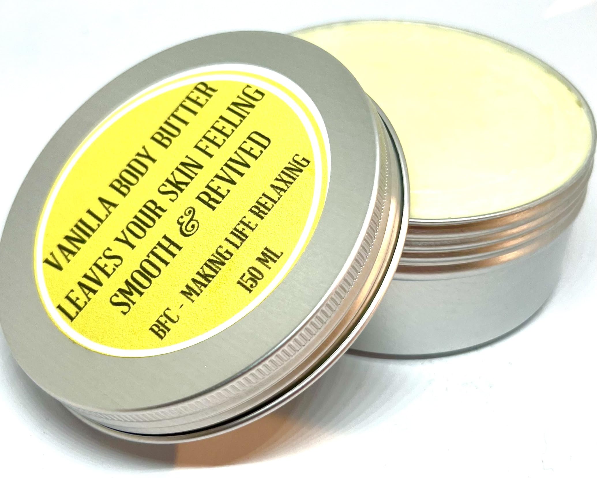 BFC Body Butter Vanilla Scented 150ML Silver Tin - Made with Mango Butter, Shea Butter, Sweet Almond Carrier Oil and pure Vanilla Essential Oil. Shipping on 48 Hour Tracked Service [Energy Class A++