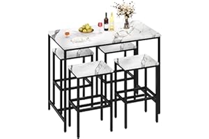Yongchuang 5 Piece Bar Table Set, Kitchen Bar Table and Chairs Set of 4, Modern Metal Counter Height Table with Stools for Dining Room, Living Room Breakfast Table White Faux Marble Wood Top