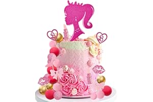 MEMOVAN Hot Pink Girl Cake Topper 31PCS -Princess Makeup Cake Topper Decoration with Pink Gold Ball Glitter High Heel Lipstick Lips Bow Tie for Bachelorette Boho Girl Hot Pink Princess Theme Party