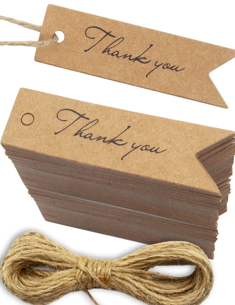 HOMETOOLS 100 Kraft Paper Thank You Gift Tags 7 x 2 cm 10 m Jute String Natural Brown
