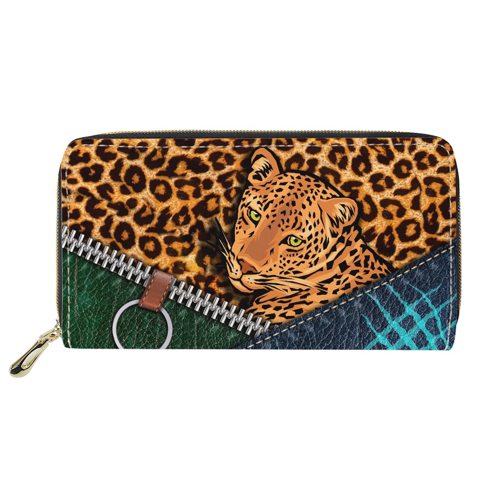 Dolyues 3D Animal Leopard Print Long Pu Leather Zippered Purse,Multiple Slot Long Credit Card Holder with Coin Pocket,Phone Bag