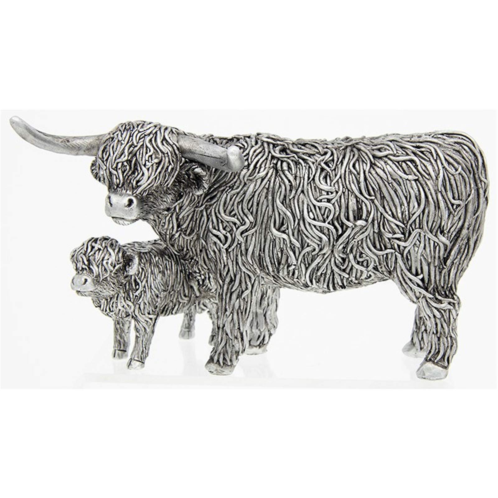 Small Silver Highland Cow and Wee Calf Ornament