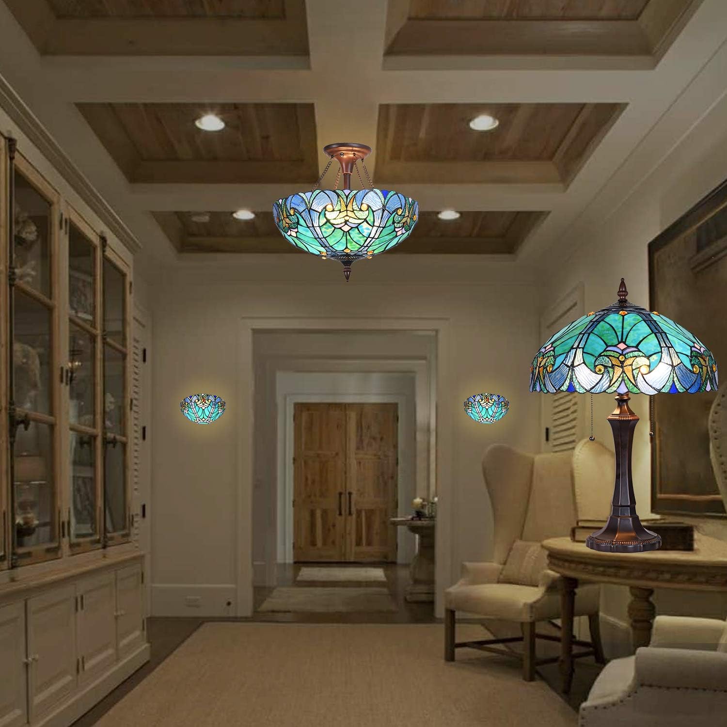 Cotoss Tiffany Style Ceiling Light Fixtures, 2-Light Semi Flush Tiffany Ceiling Lights, 16 Inch Wide Blue Stained Glass Ceiling Light, Tiffany Style Ceiling Flush Mount: Home Improvement