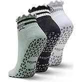 Juclise 3 Pairs Pilates Yoga Grip Socks for Women, Athletic Non Slip Ruffle Low Cut Barre Workout Padded Moisture Wicking