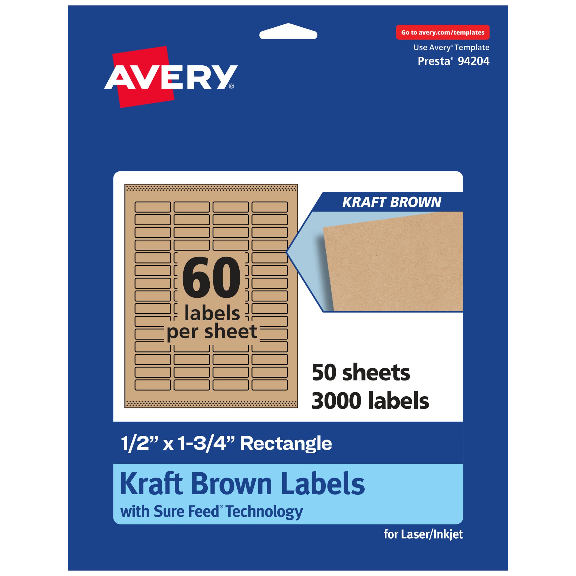 Avery Kraft Brown Rectangle Labels, Sure Feed Technology, 0.5″ x 1.75″, 3,000 Kraft Brown Labels, Print-to-The-Edge, Laser/Inkjet Printable