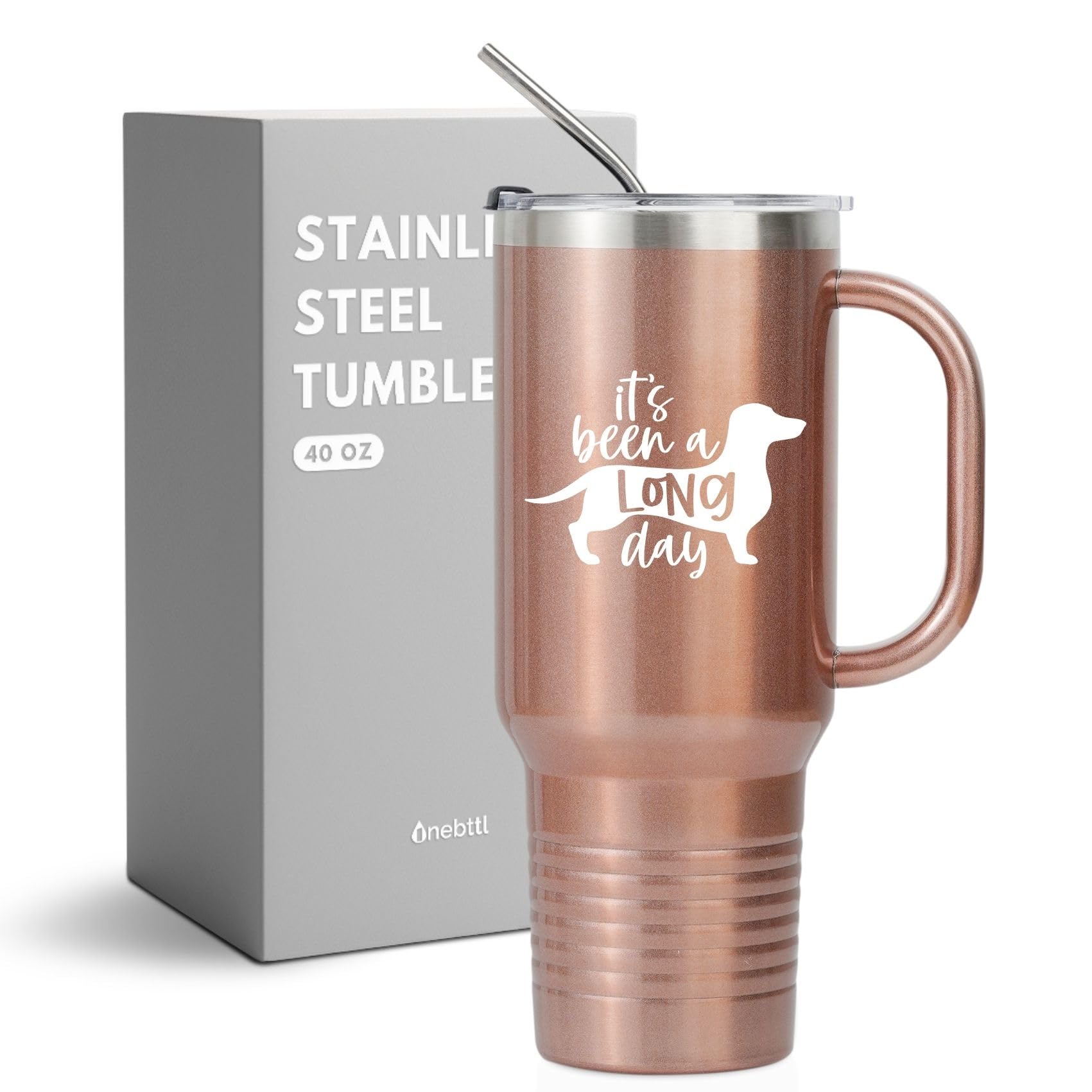 Onebttl Dachshund Gifts for Women, Funny Sausage Wiener Gifts for Dog Lovers, Owners, It's Been A Long Day, 1180ml Stainless Steel Tumbler with Handle, Lid and Straw, Rose Gold