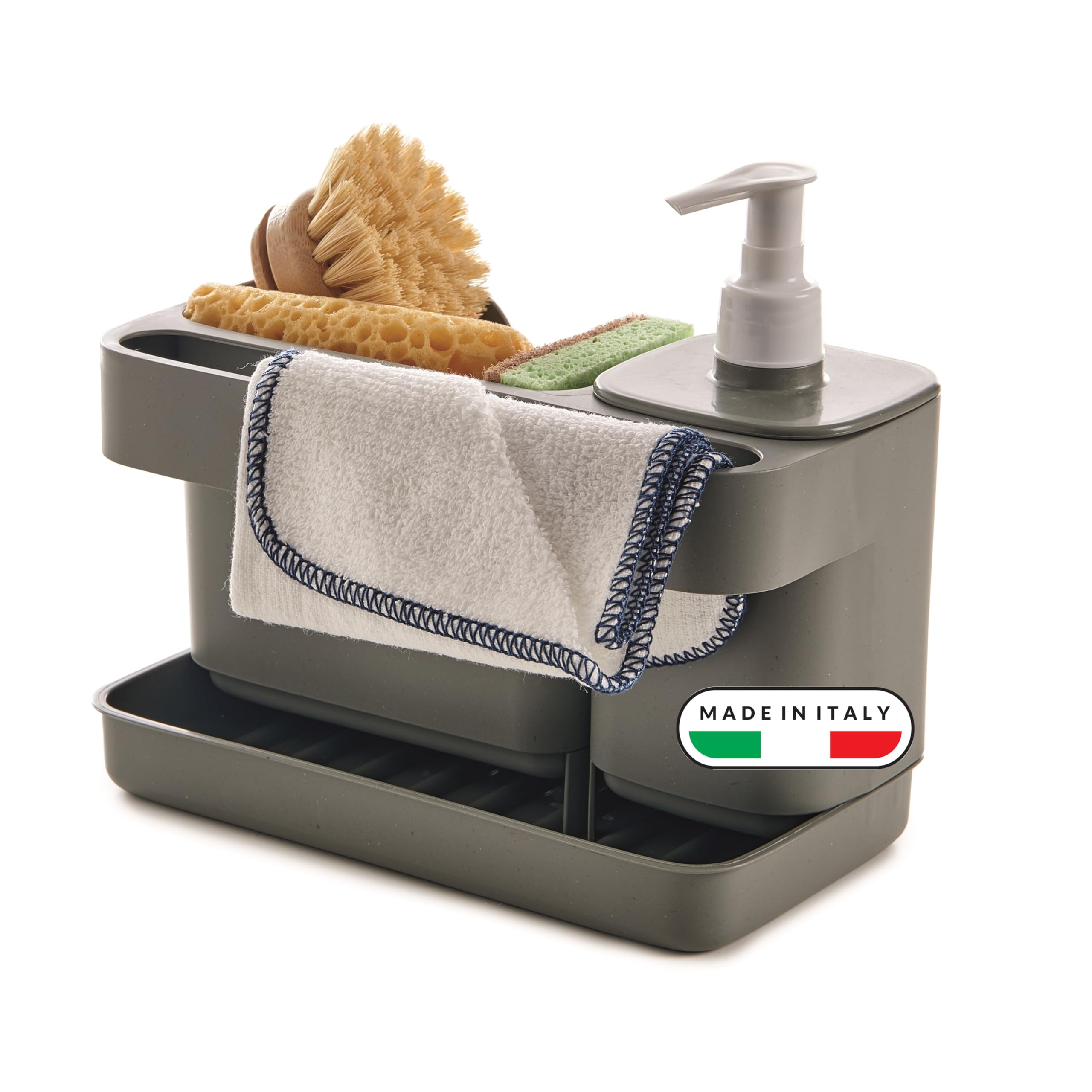 Snips Riordinello - Dish Hand Soap Dispenser & Sponge Holder, Sink Caddy Kitchen Organizer & Bathroom with Soap Container 400ml, Kitchen Storage & Organisation Accessories 21x12x18 Made in Italy, Grey