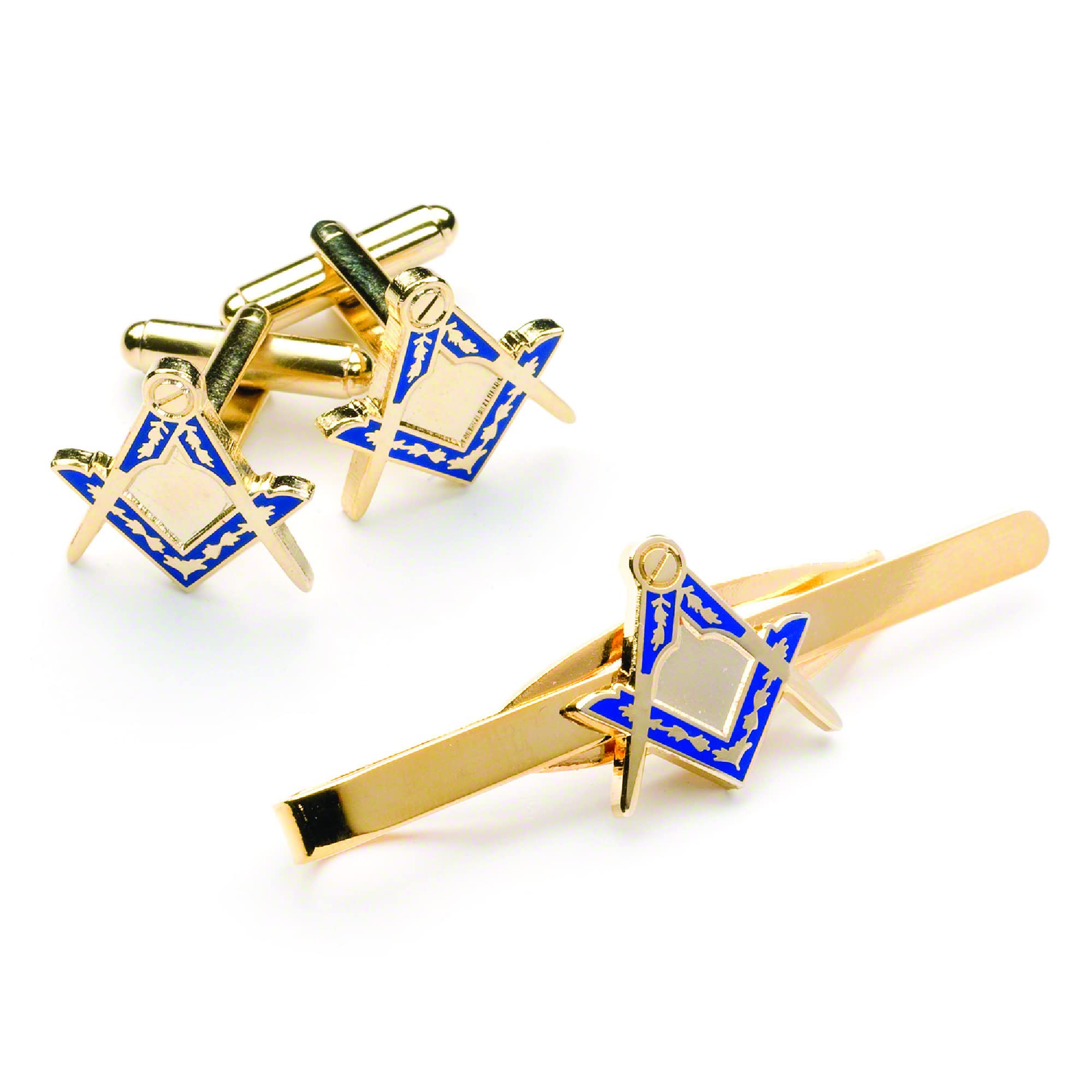 THE MASONIC COLLECTION - Square & Compass Cufflinks & Tieslide Set for Men - Gold Plated - Blue Coating - Comes in Velvet Pouch/Cufflink Box - Freemason Gifts for Men