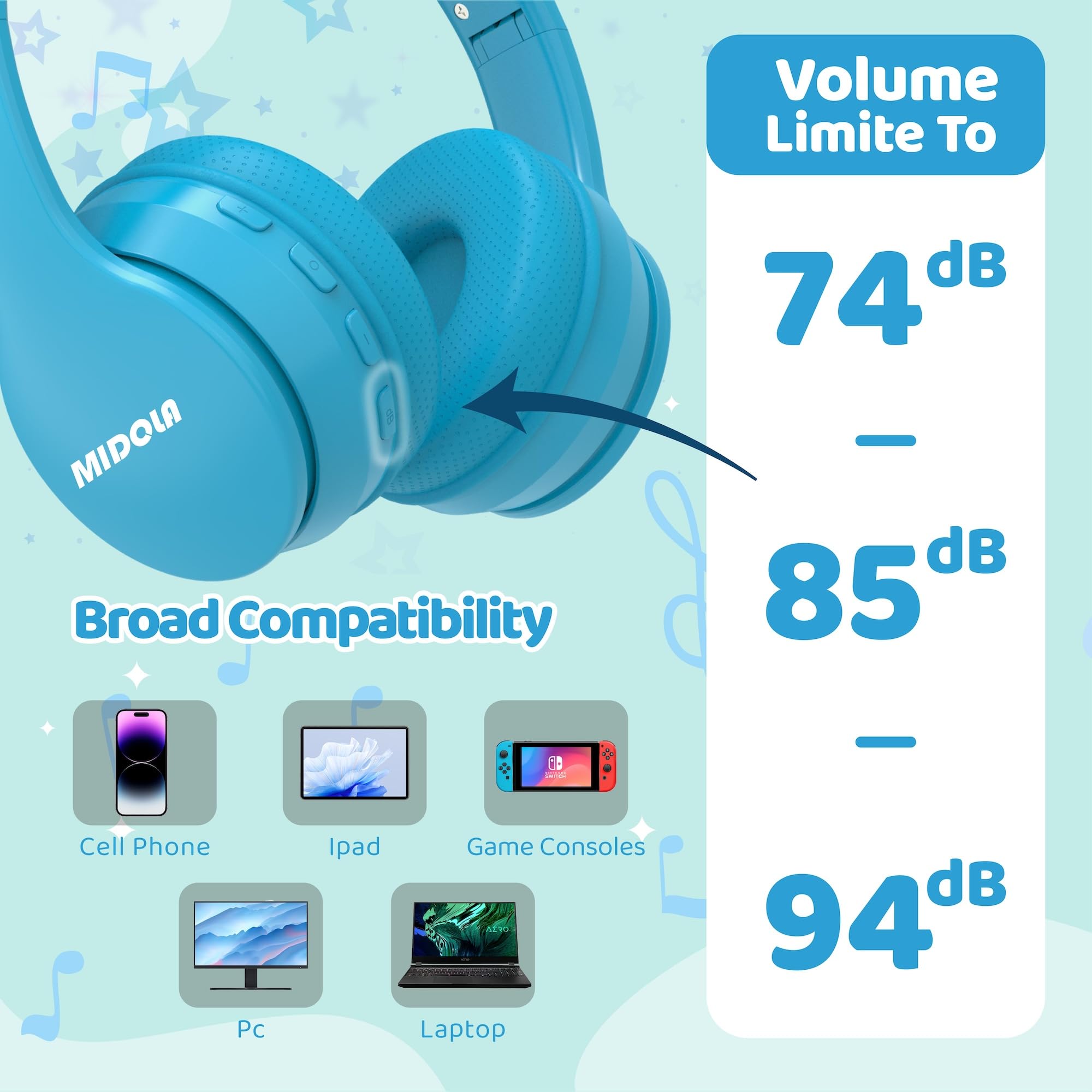 MIDOLA Kids Headphones Bluetooth 5.4 Wireless 68H Play Time Volume Limit 85/94dB Over-Ear Foldable Headset,Type-C Fast Charging,with Wired Aux Mic for Toddler Child Pad Tablet Blue