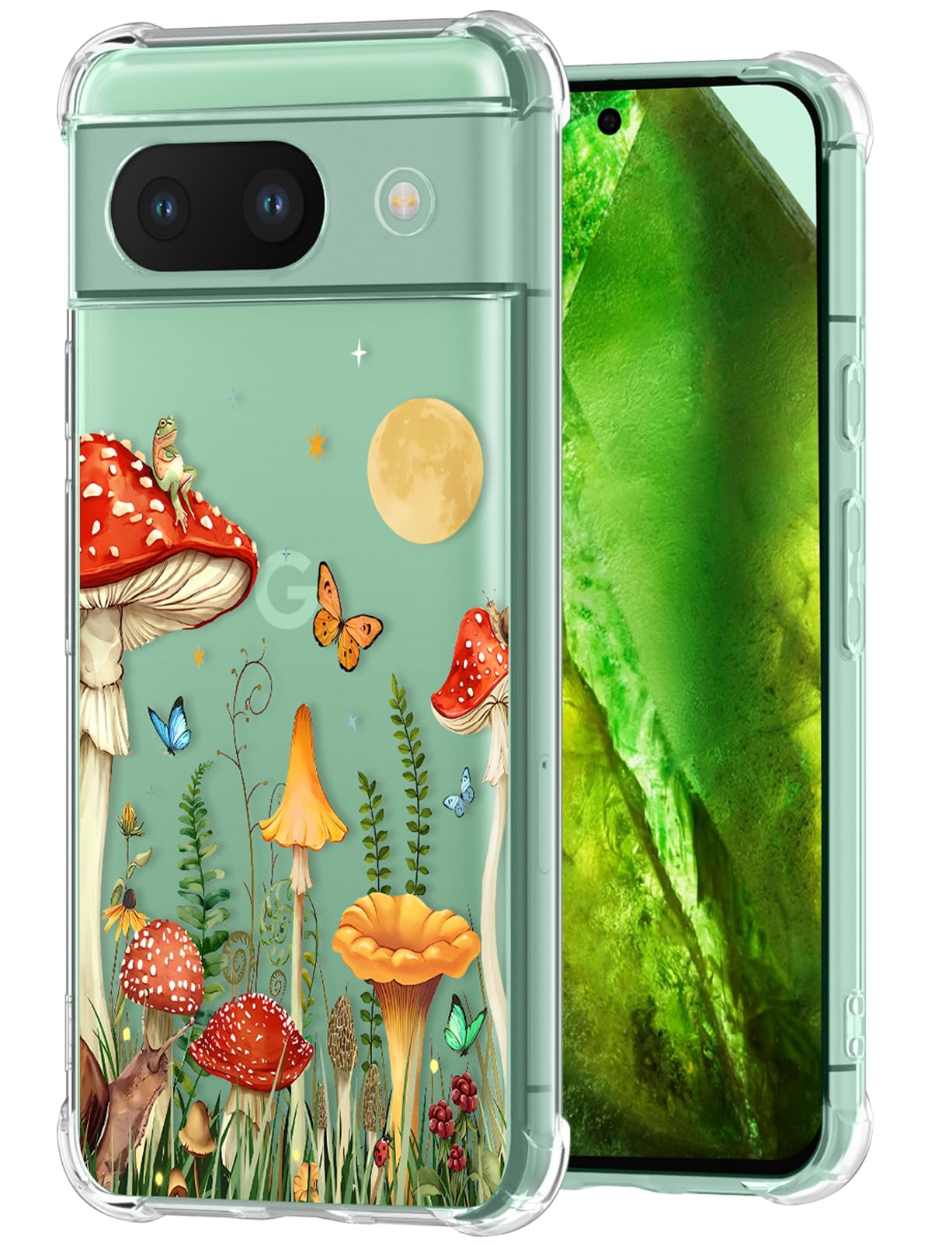 Photo 1 of Buleens for Google Pixel 8A Case 6.1" - Clear Flexible TPU Women Cute Girls Protection Phone Cover Slim Fit Shockproof Girly Aesthetic Pretty Unique Design Pattern for Pixel 8A Phone Case, Mushroom
