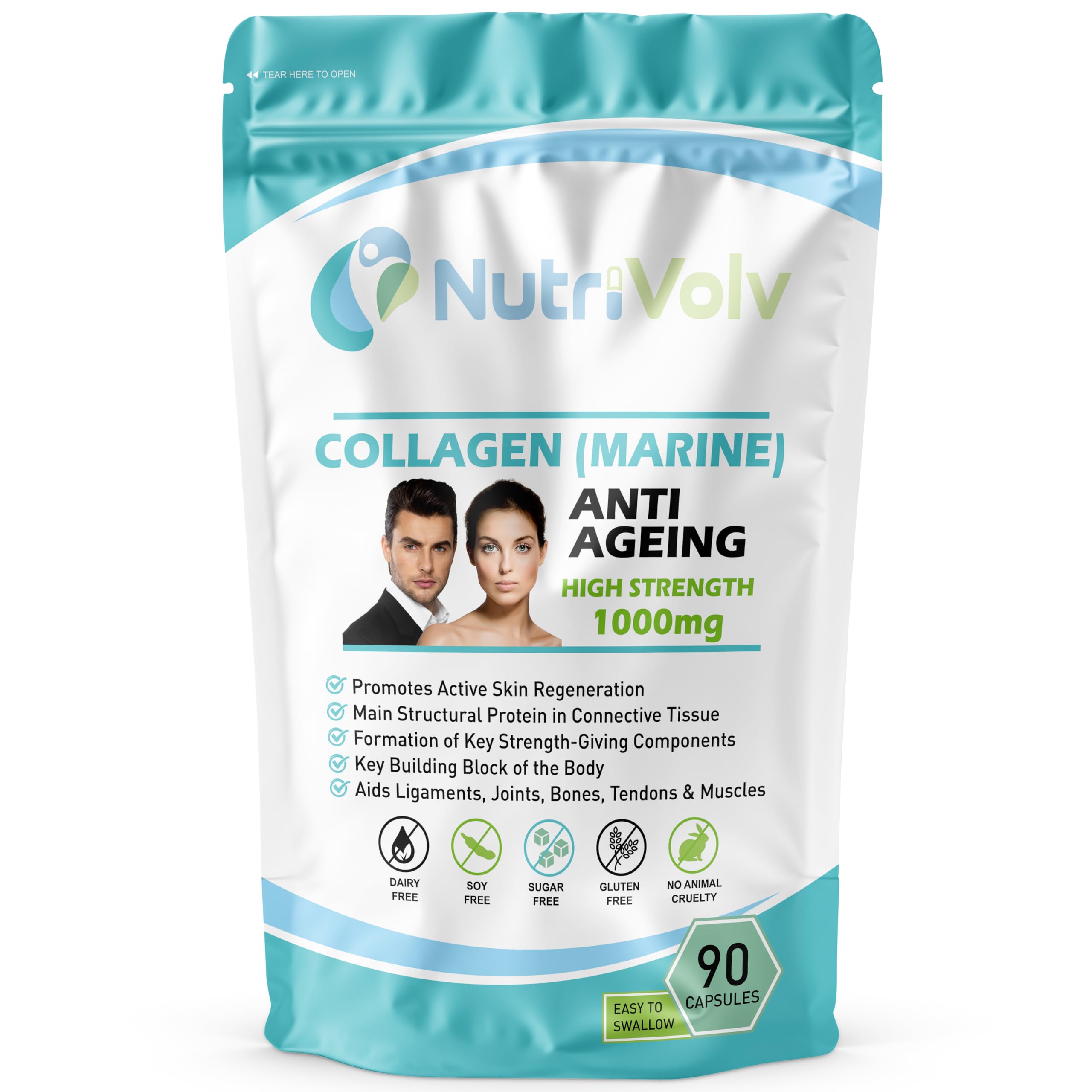 NutriVolv Collagen Marine 1000mg Supplement | Anti-Ageing Support for Skin, Joints, Bones, Muscles & Tissue Health | 90 Capsules | Boosts Skin Elasticity & Joint Mobility