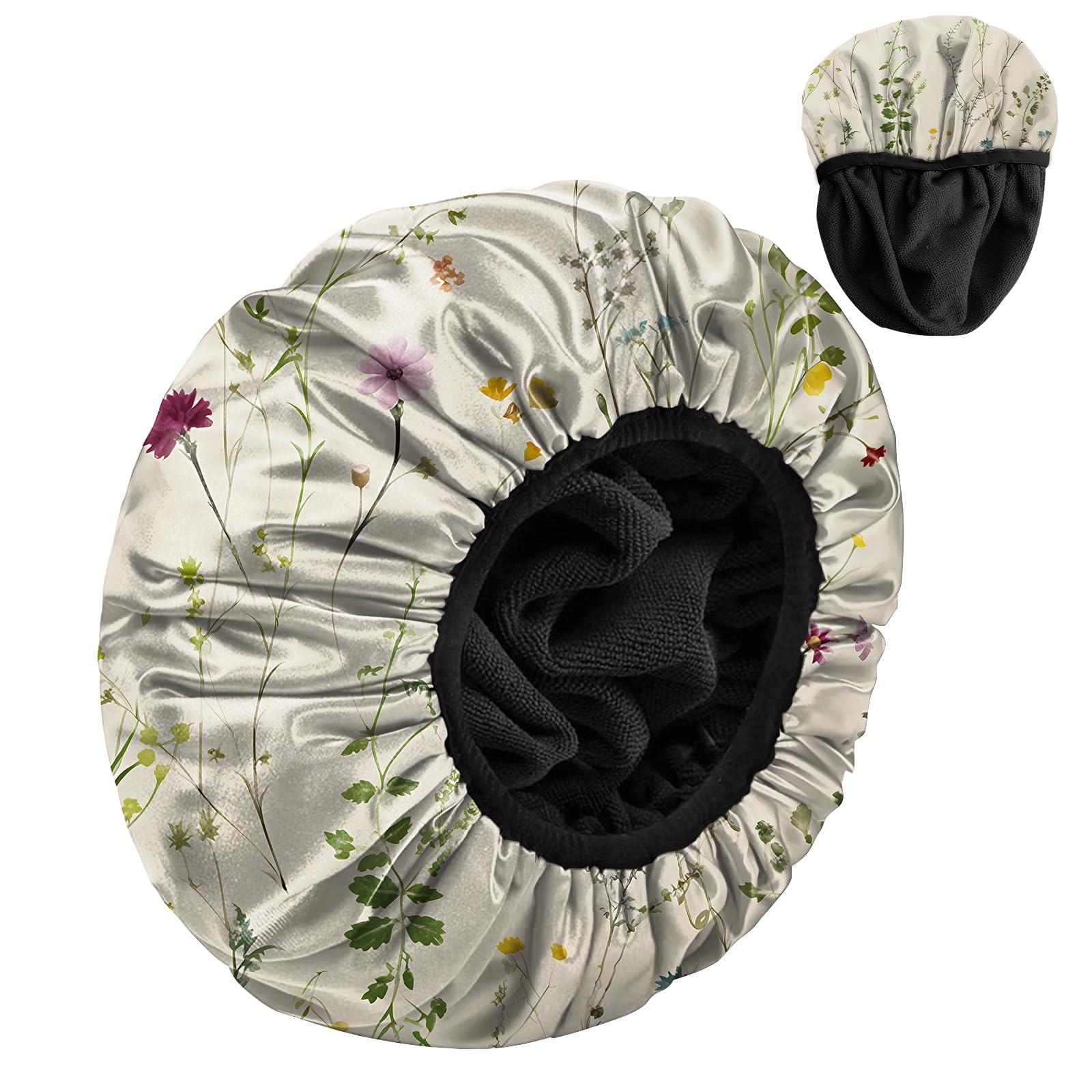 Photo 1 of Zewurtuw Luxury Shower Cap Terry Cloth Lined EVA Waterproof Reusable Triple Layer Elastic Hair Bath Caps for Women Girls Cute-Floral
