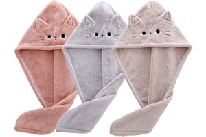 BATTILO HOME 3pcs Microfiber Hair Drying Towels for Kids-Super Absorbent Hair Turban Towel with Button Design-Cute Cat Quick 