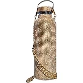 Sweet Lily Gold Bling Water Bottle Bedazzled with 5000 Rhinestones & Crossbody Gold Chain, 25oz Stainless Steel Vacuum Insulated Tumbler, Leak Proof, Keeps Drinks Cold 24h and Hot 6h