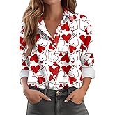 Valentines Tops for Women Button Down Shirts Heart Blouses Dressy Casual Lapel Collar Long Sleeve Soft Comfy T Shirt