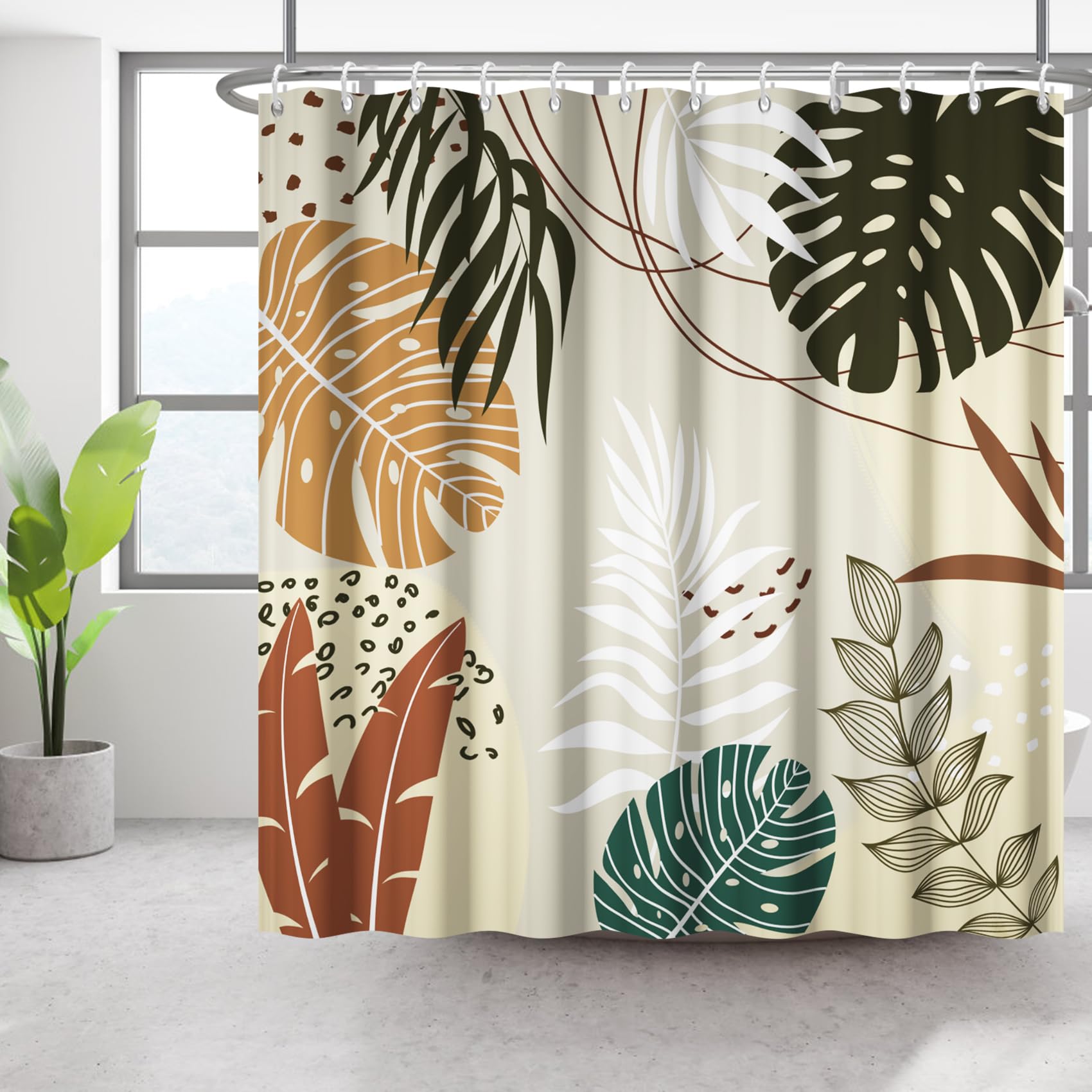 Bovlleetd 71x79inch Boho Botanical Bathroom Curtain Waterproof Abstract Plant Shower Curtain Watercolor Mid-Century Tropical Plant Shower Curtains Washable Bathtub Decorative Curtain — image 1