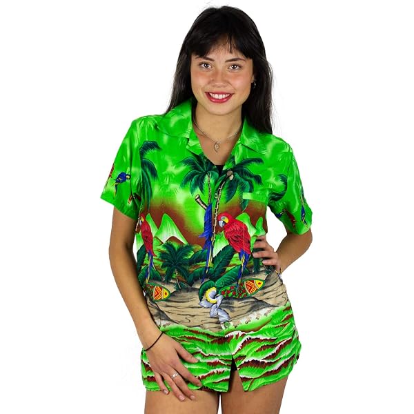V.H.O. Funky Hawaiian Shirt - Parrot & Cherry Print, Turquoise, Size S, 100% Polyester