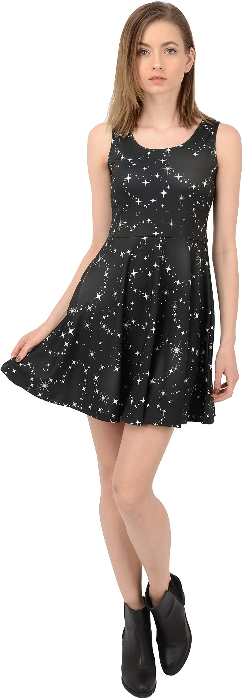 Womens Starry Night Sky Moon Stars Space Constellations Planets Mrs Frizzle Skater Dress, XS-5XL