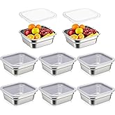 Suttmin 8 Pcs 1/6 Size Hotel Steam Table Pans with Lids, Stainless Steel Food Containers and PP Plastic Covers, Anti-clogging Steamer Pans for Buffet, Catering, Restaurant, and Food Prep (2.5" Deep)
