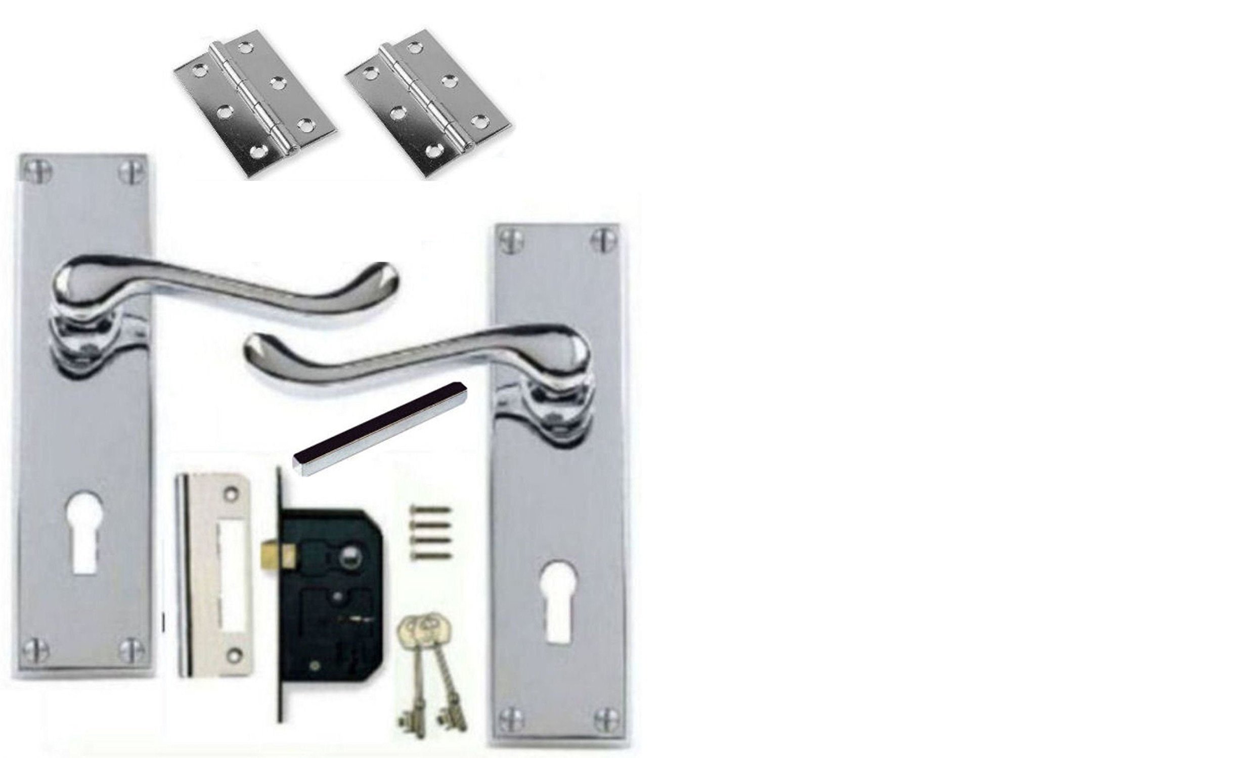 Victorian Scroll Polished Chrome Door Handle Lock Pack +2 Lever Lock +Hinges (KA)